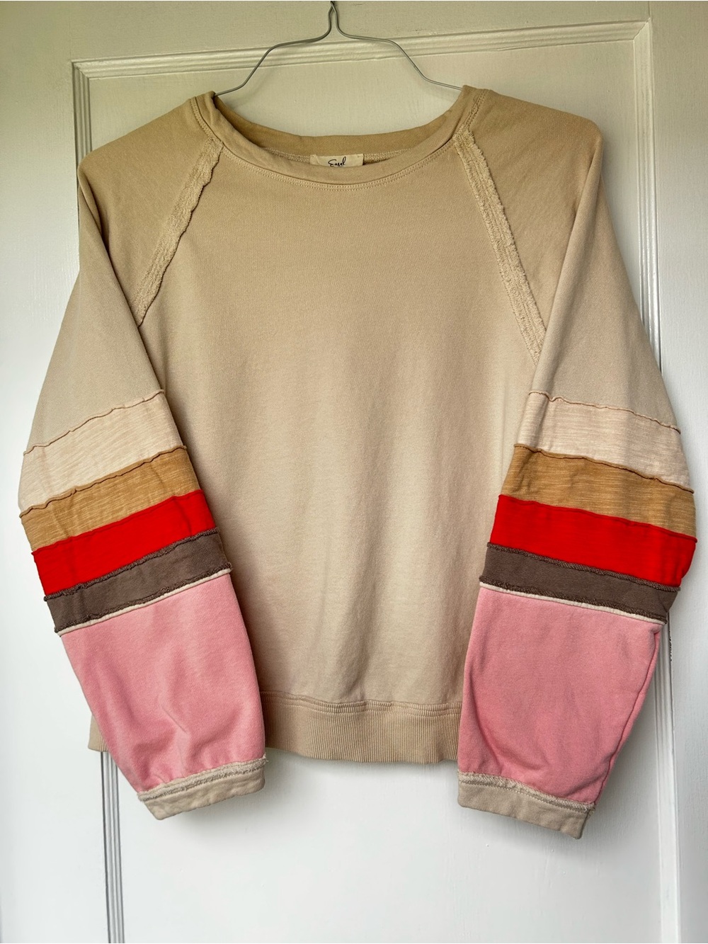 easel Beige Crewneck Sweater with Pink, Red & Brown Striped Sleeves